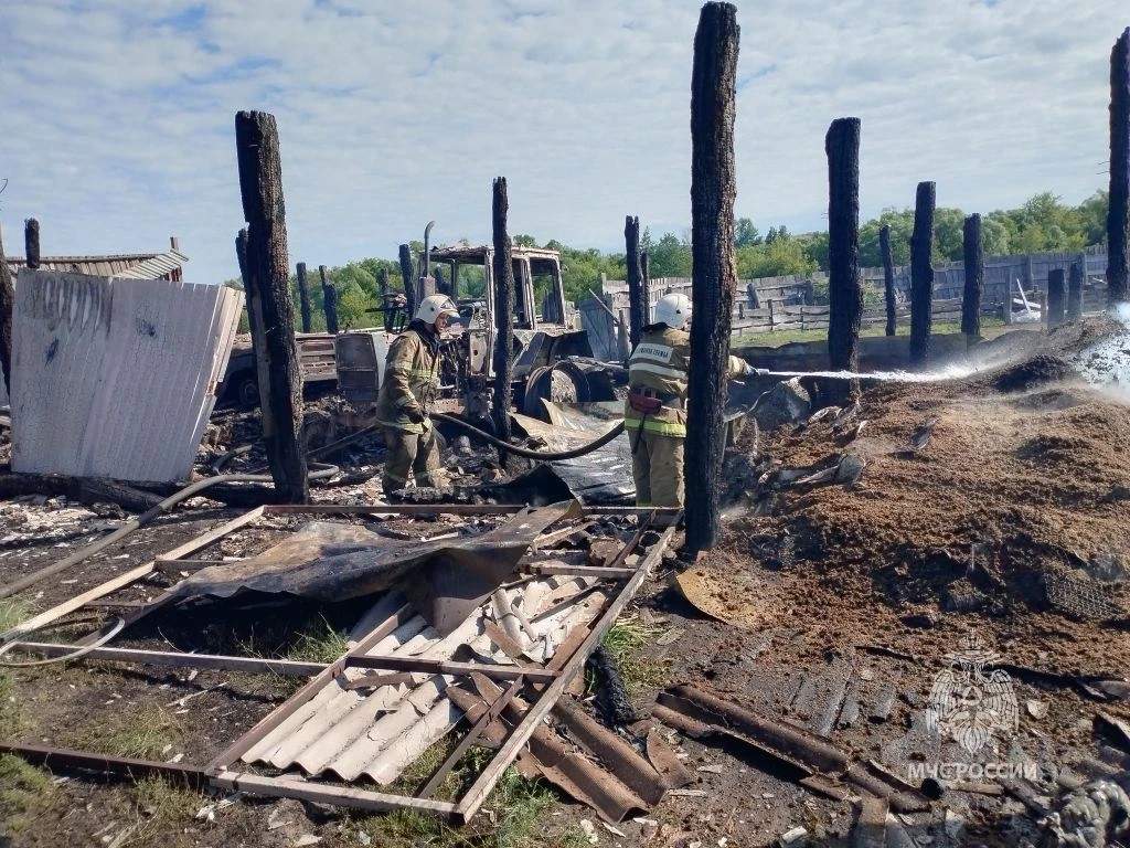В Курской области крупный пожар уничтожил дом, технику и более 60 голов скота
