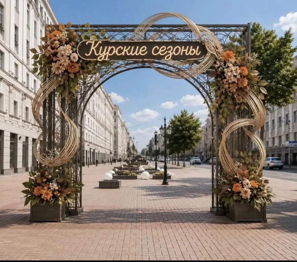 В Курске на улице Ленина начали устанавливать 5-метровую цветочную арку